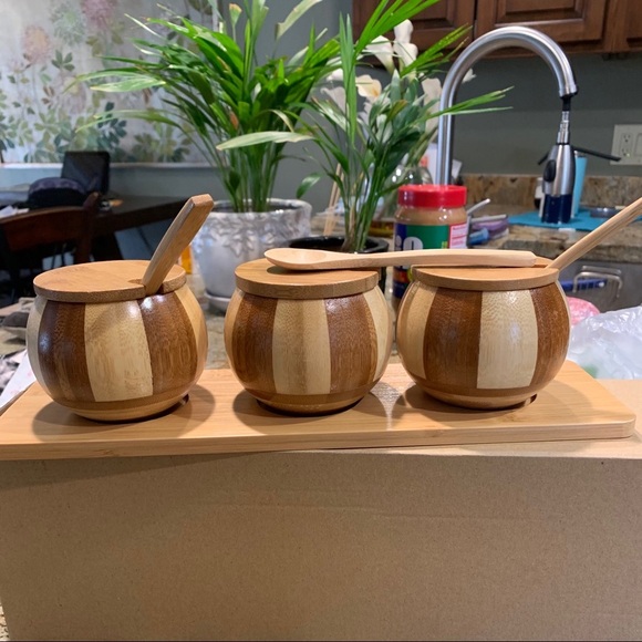 Condiment Bamboo Wood Set of 3 with spoons! - Picture 6 of 6